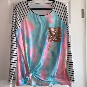 XL rainbow/striped/glitter pocket long sleeve tee